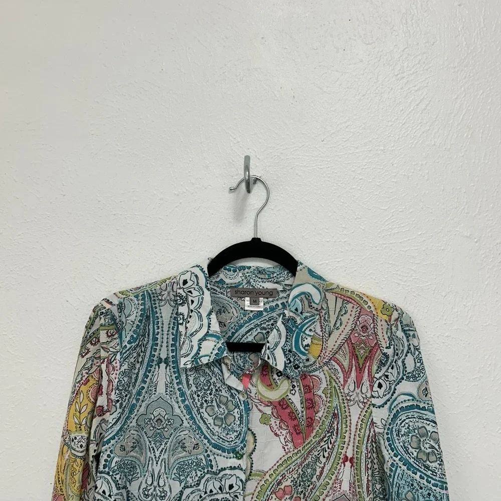 Sharon Young Top Sz M Blue‎ Colorful Artsy Abstract Floral Long Sleeve Button Up - Picture 3 of 12